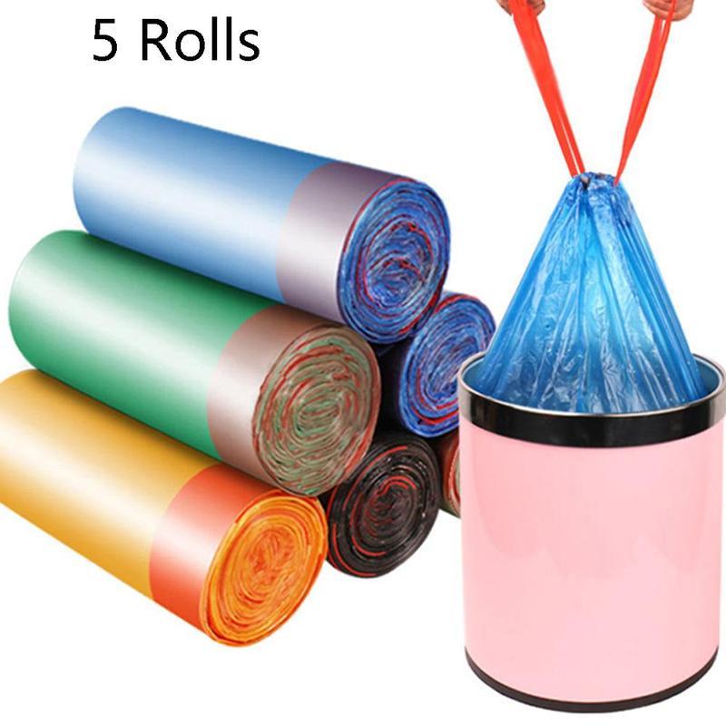 Home Kitchen Bathroom Cleaning - 75Pcs 5 Rolls Drawstring Garbage Bags
