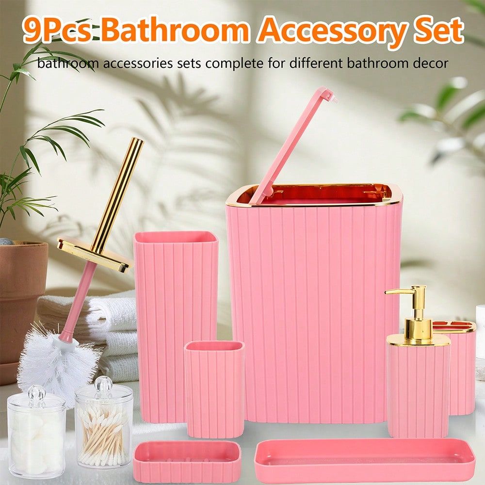 9 Pieces Pink Bathroom Accesso - Home Bathroom Trash Can reseña y precio